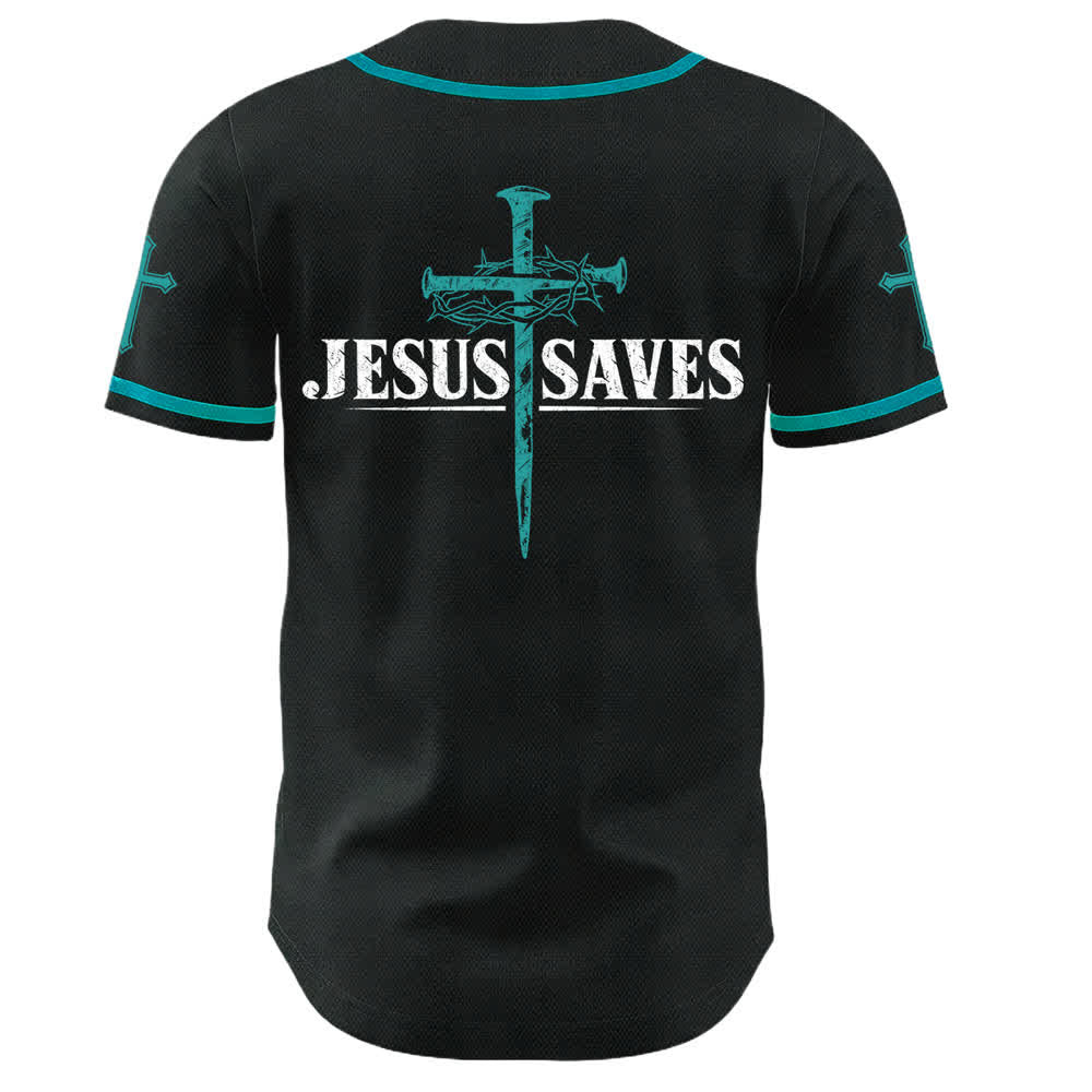 Christianartworkshop Jesus Saves Thorn Crown Black Mesh Baseball Jersey - image 36