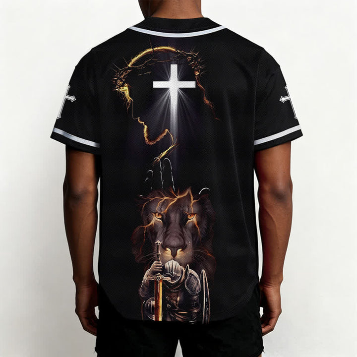 Christianartworkshop Jesus Lion Armor Black Button Up Baseball Jersey - image 5
