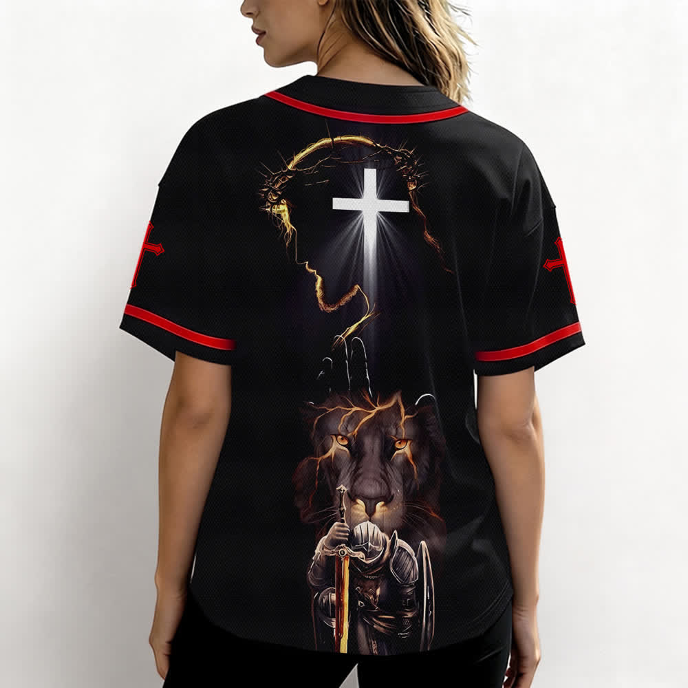 Christianartworkshop Jesus Lion Armor Black Button Up Baseball Jersey - image 10