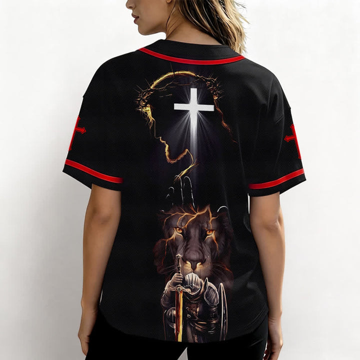 Christianartworkshop Jesus Lion Armor Black Button Up Baseball Jersey - image 10