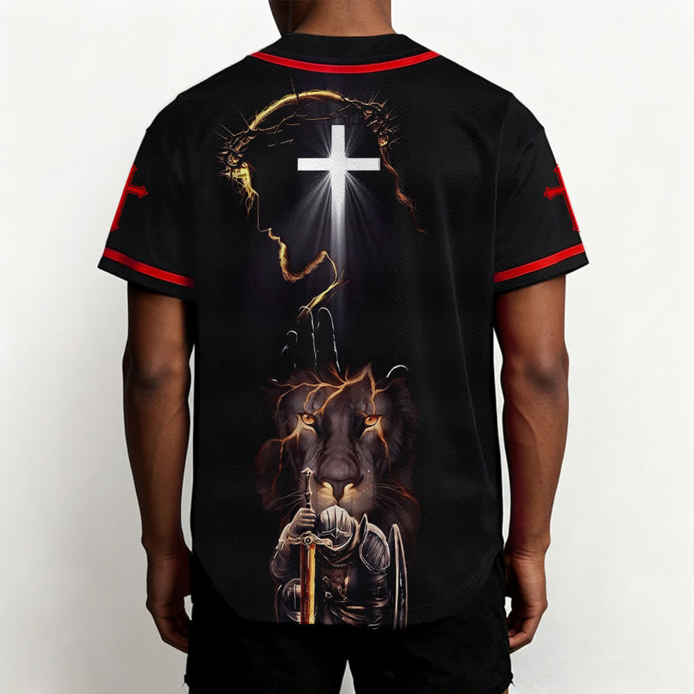 Christianartworkshop Jesus Lion Armor Black Button Up Baseball Jersey - image 12