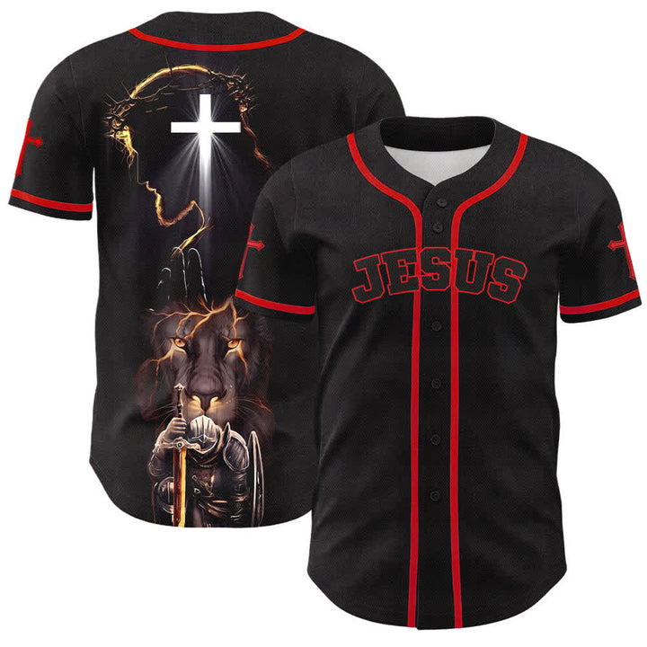 Christianartworkshop Jesus Lion Armor Black Button Up Baseball Jersey - Red - 5XL - image 7