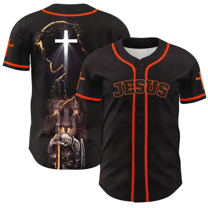 Christianartworkshop Jesus Lion Armor Black Button Up Baseball Jersey - Orange - 5XL - image 21