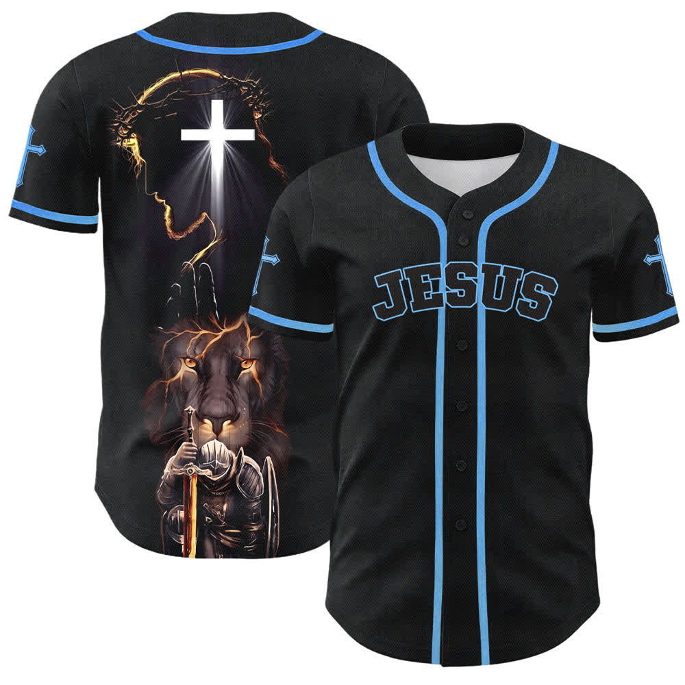 Christianartworkshop Jesus Lion Armor Black Button Up Baseball Jersey - Sky Blue - 5XL - image 28