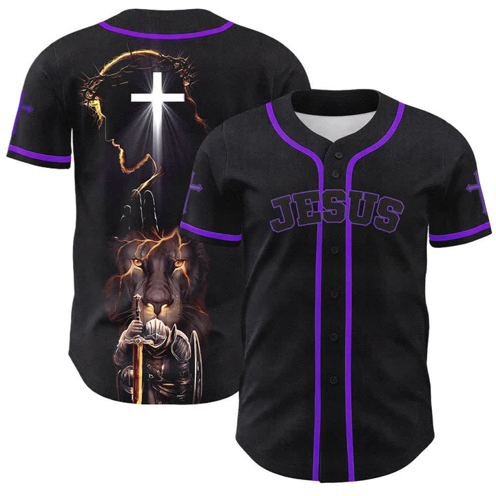 Christianartworkshop Jesus Lion Armor Black Button Up Baseball Jersey - Purple - 5XL - image 56