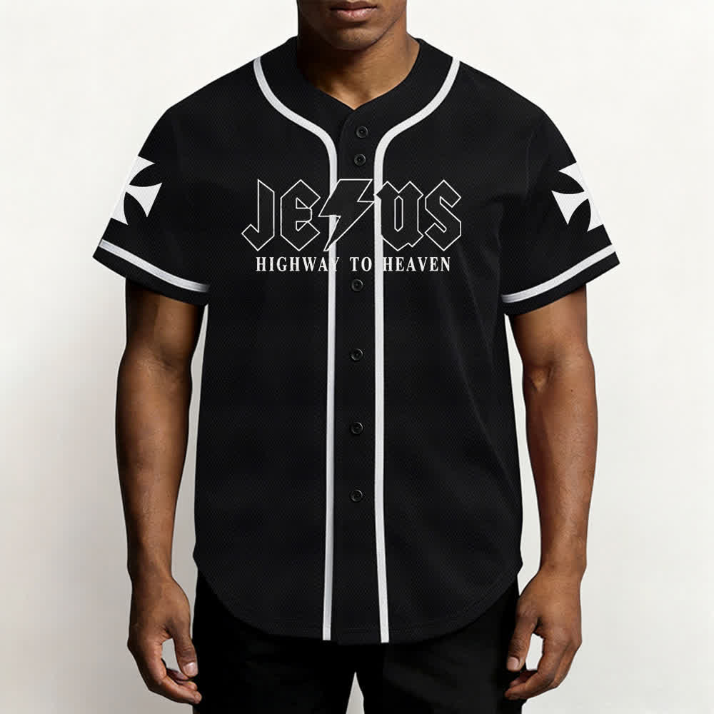 Christianartworkshop Jesus Highway To Heaven Distressed Black Baseball Jersey - image 6