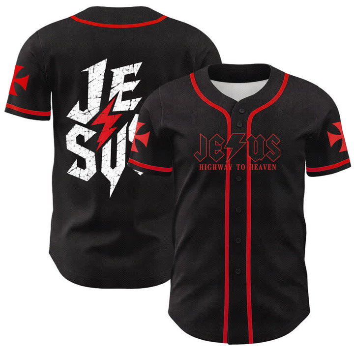 Christianartworkshop Jesus Highway To Heaven Distressed Black Baseball Jersey - Red - 5XL - image 7