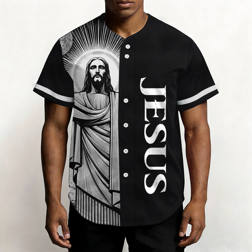 Christianartworkshop Monochrome Jesus Halo Street Baseball Jersey - image 6