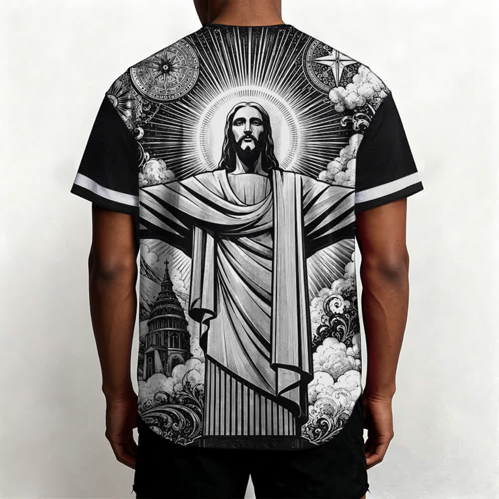 Christianartworkshop Monochrome Jesus Halo Street Baseball Jersey - image 5