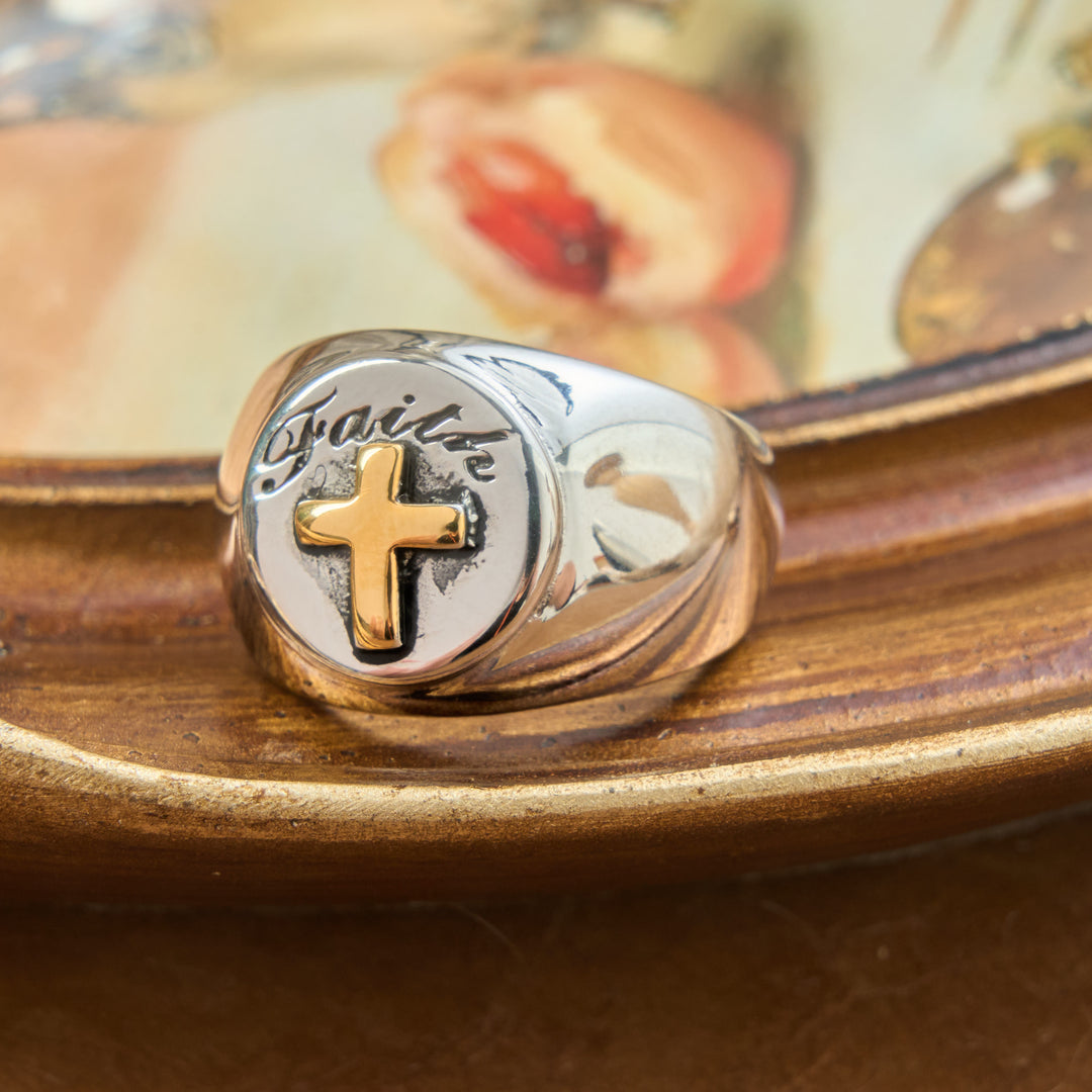 Christianartworkshop Relief Motif Signet Ring Cross And Holy Spirit Charms: Emblem of Serene Divine Inspiration - Cross - US 12 - image 1