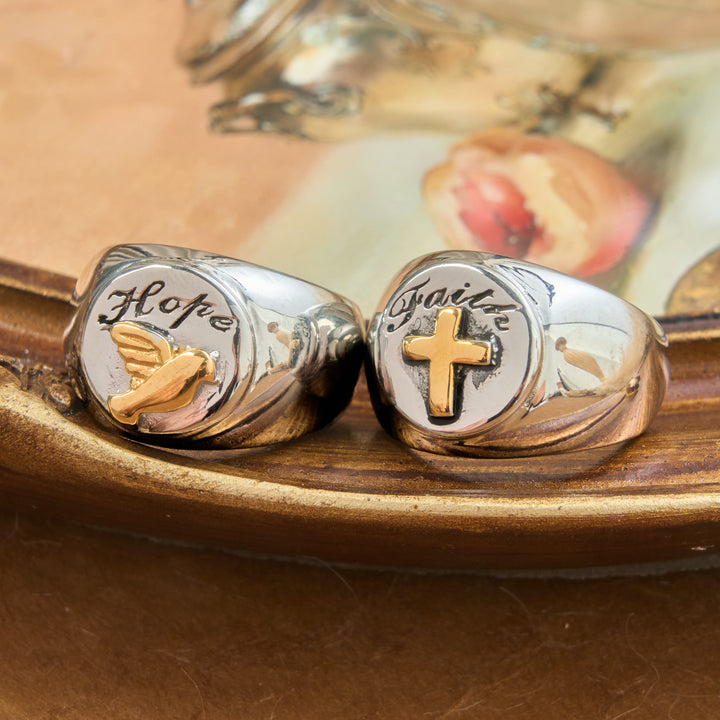 Christianartworkshop Relief Motif Signet Ring Cross And Holy Spirit Charms: Emblem of Serene Divine Inspiration - image 0
