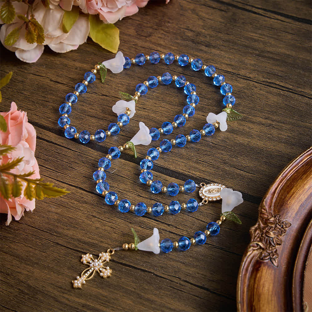 Christianartworkshop Translucent Blue Glass Lily Rosary With Pearl‑Adorned Cross: Emblem Of Pure Heavenly Serenity - Blue Glass Lily Rosary - image 0