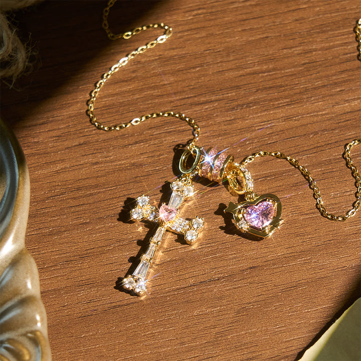 Christianartworkshop Delicate Paved Crystal Cross Necklace: Emblem of Quiet Celestial Safeguard - Golden Cross & Heart - image 2