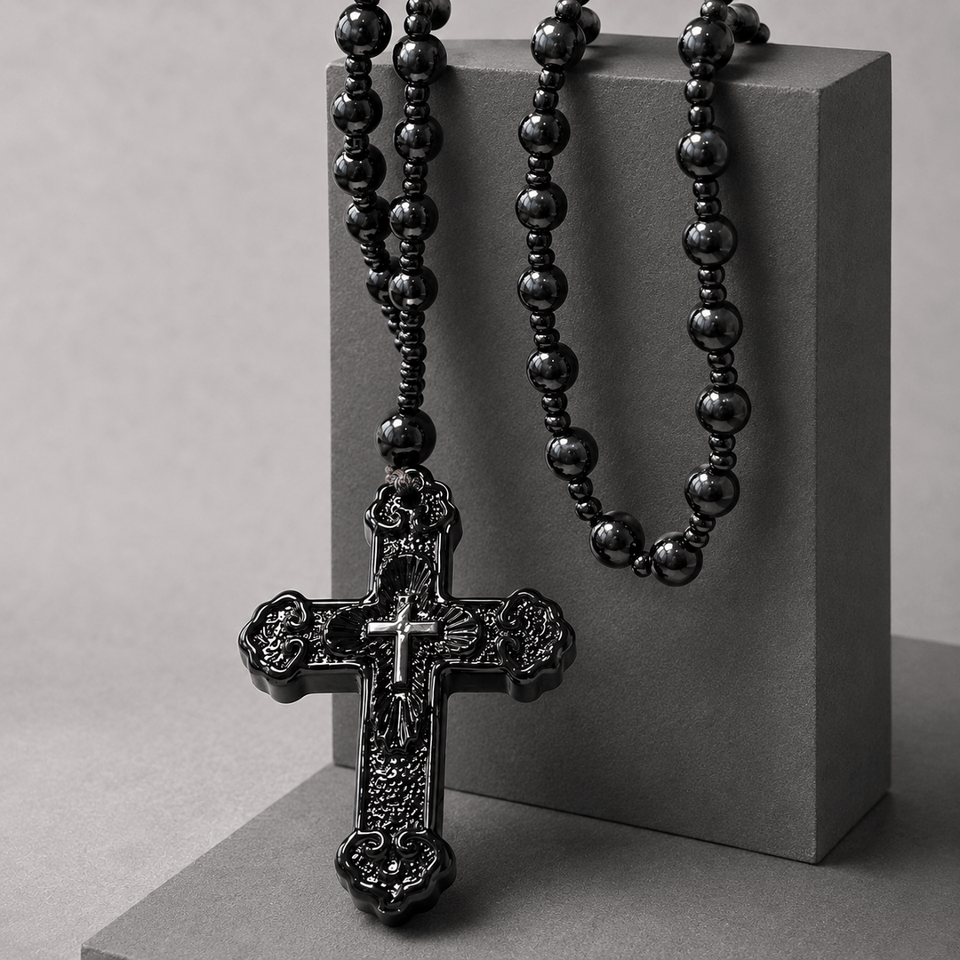Christianartworkshop Textured Glass Cross Pendant With Beaded Strand: Emblem of Serene Divine Grace - image 3