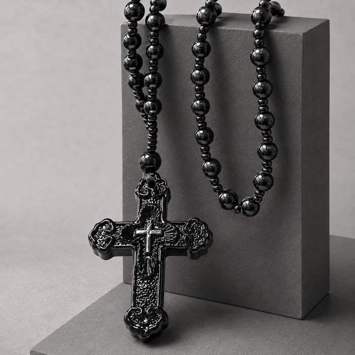 Christianartworkshop Textured Glass Cross Pendant With Beaded Strand: Emblem of Serene Divine Grace - image 3
