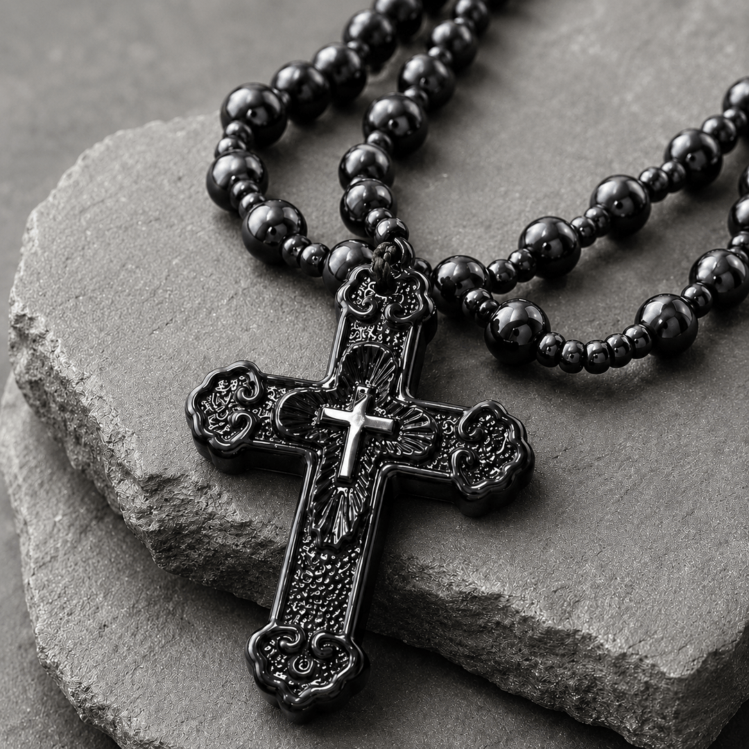 Christianartworkshop Textured Glass Cross Pendant With Beaded Strand: Emblem of Serene Divine Grace - image 4
