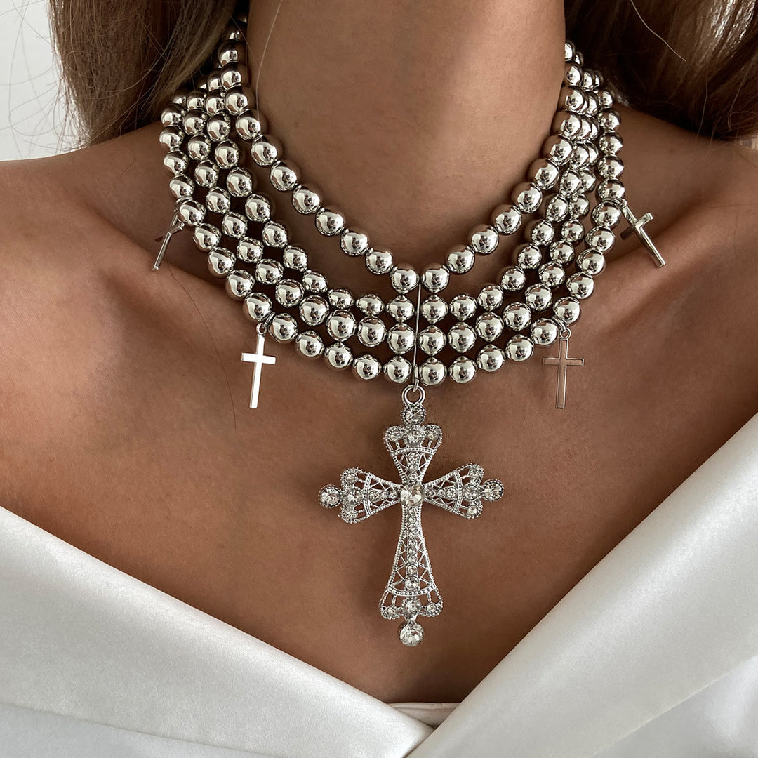 Christianartworkshop Luxe Beaded Statement Choker With Sparkling Cross: Bearer of Calm Heavenly Serenity - Silver - image 6