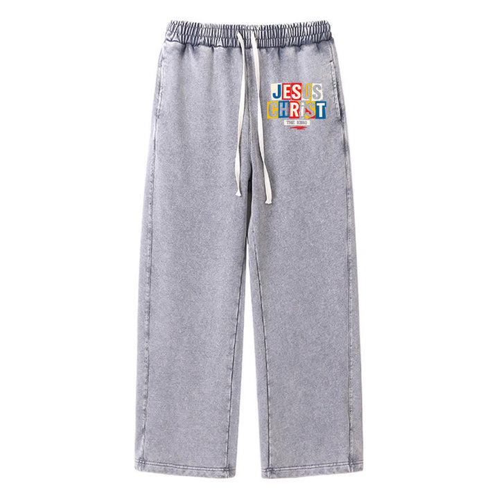 Christianartworkshop Retro Multi‑Color Jesus Christ The King Statement Washed Sweatpants - Grey - XL - image 3