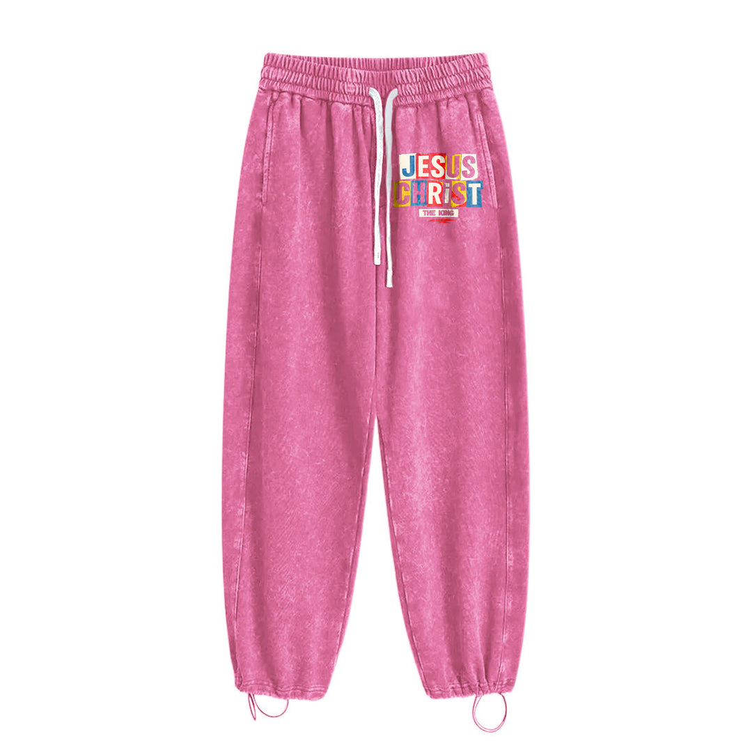 Christianartworkshop Retro Multi‑Color Jesus Christ The King Statement Washed Sweatpants - image 12