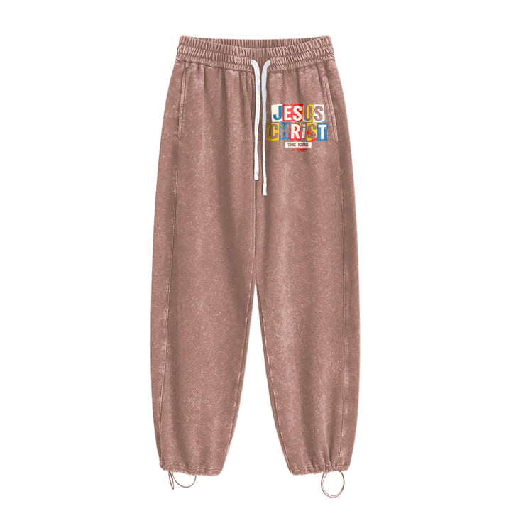Christianartworkshop Retro Multi‑Color Jesus Christ The King Statement Washed Sweatpants - image 7