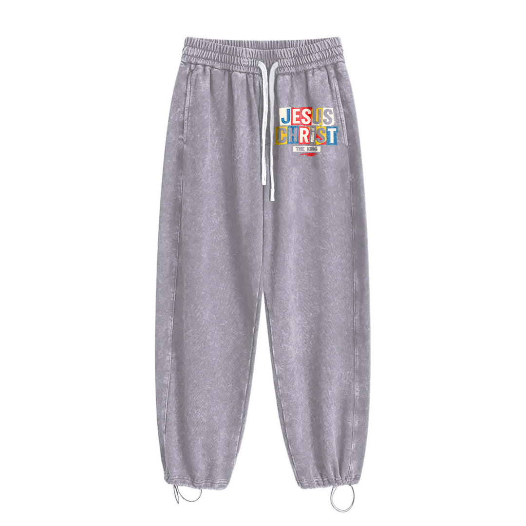 Christianartworkshop Retro Multi‑Color Jesus Christ The King Statement Washed Sweatpants - image 4