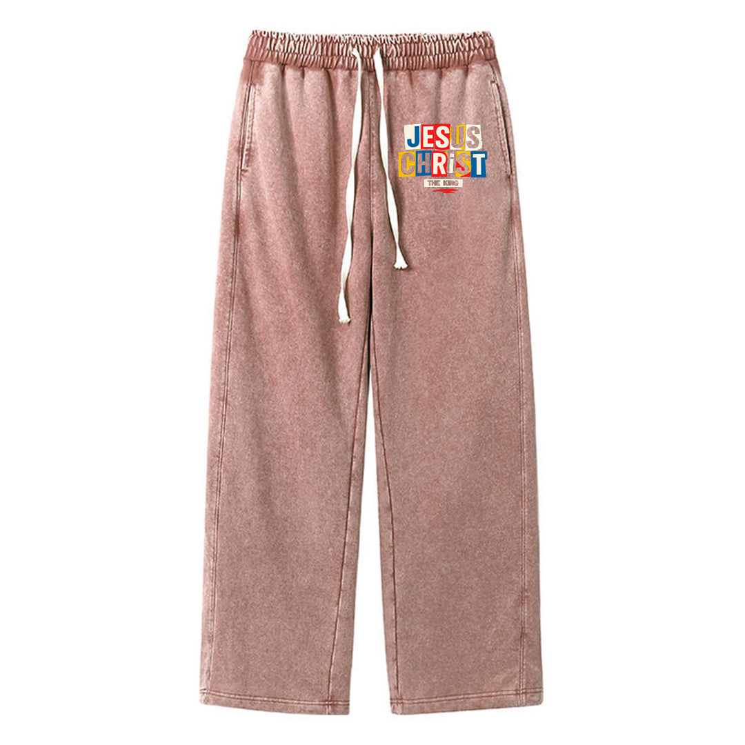 Christianartworkshop Retro Multi‑Color Jesus Christ The King Statement Washed Sweatpants - Brown - XL - image 6