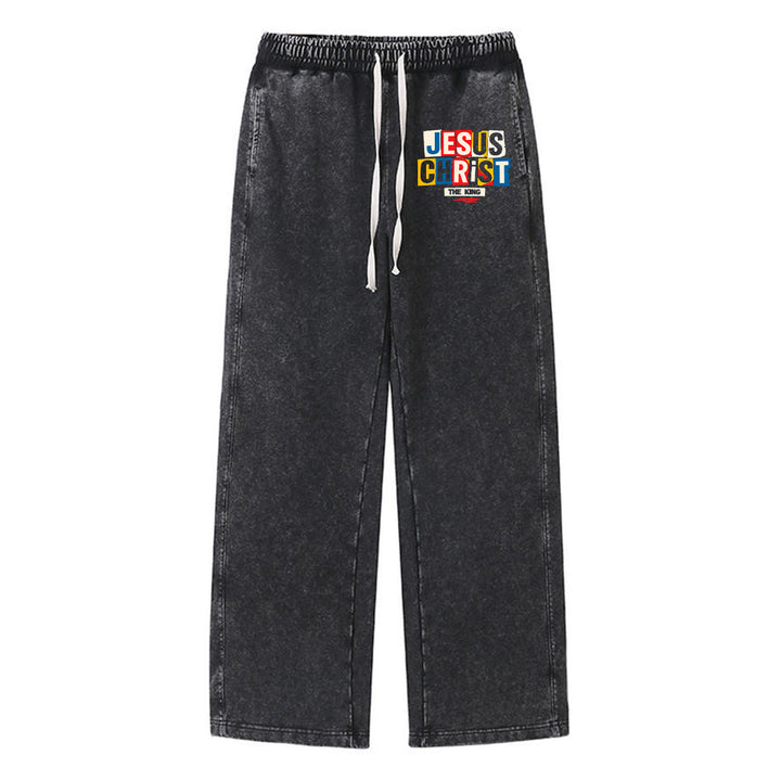 Christianartworkshop Retro Multi‑Color Jesus Christ The King Statement Washed Sweatpants - Black - 2XL - image 0