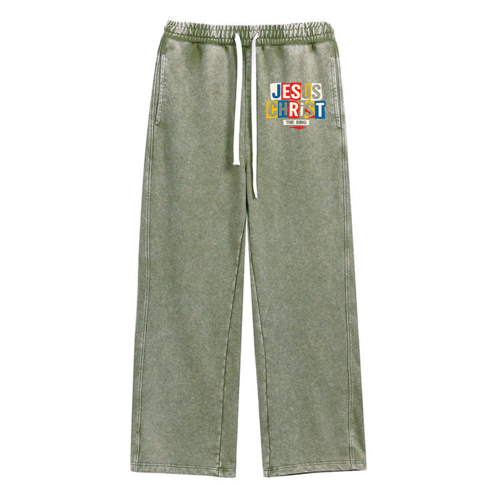 Christianartworkshop Retro Multi‑Color Jesus Christ The King Statement Washed Sweatpants - Army Green - XL - image 12