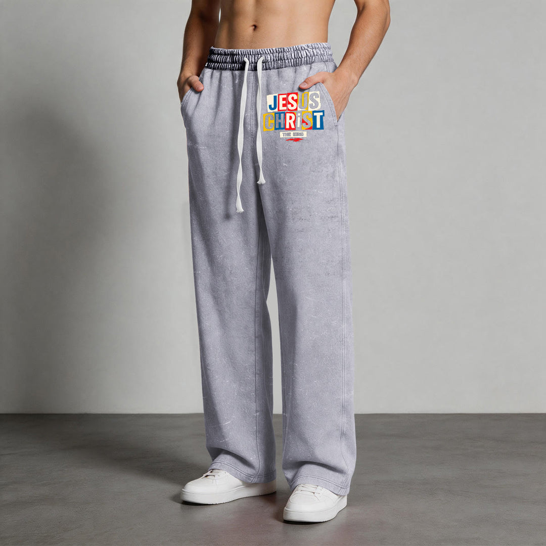 Christianartworkshop Retro Multi‑Color Jesus Christ The King Statement Washed Sweatpants - image 7