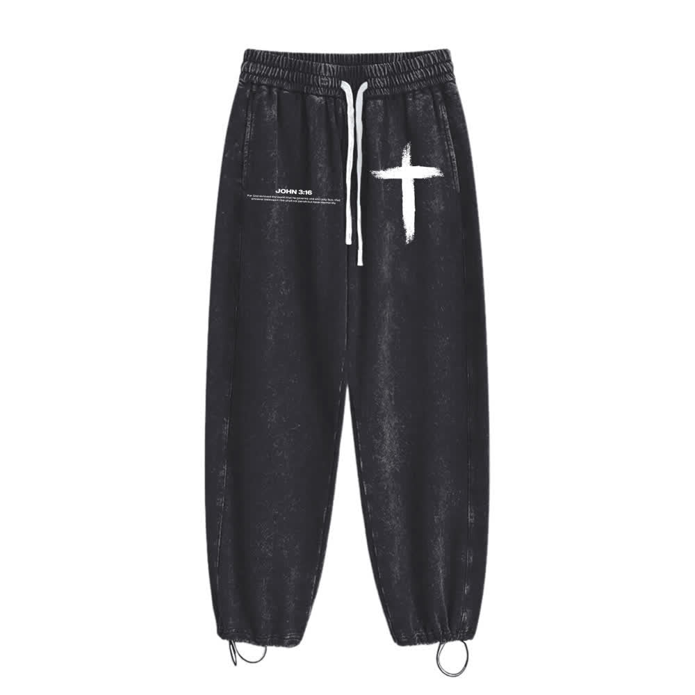 Christianartworkshop Brush Stroke Cross John 3:16 Scripture Statement Washed Sweatpants - image 7