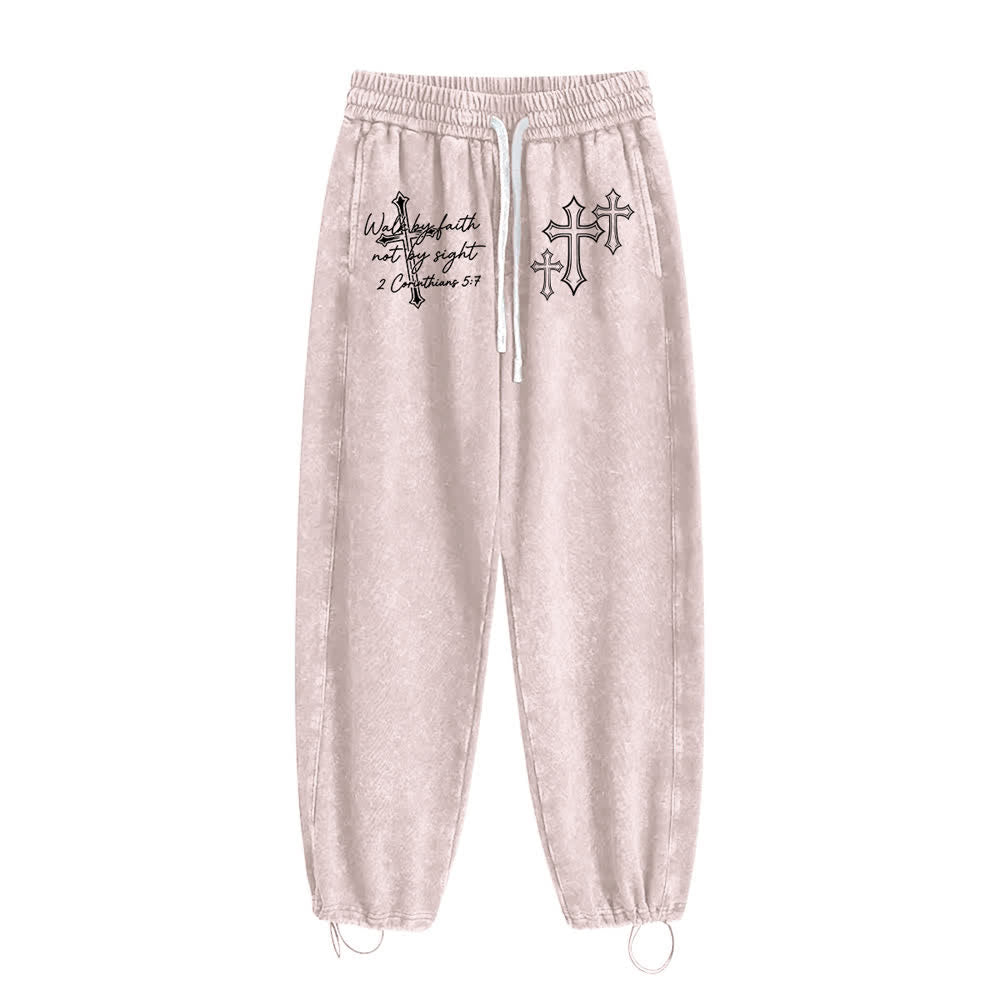 Christianartworkshop Scripture Walk By Faith Ornate Cross Statement Washed Sweatpants - image 16
