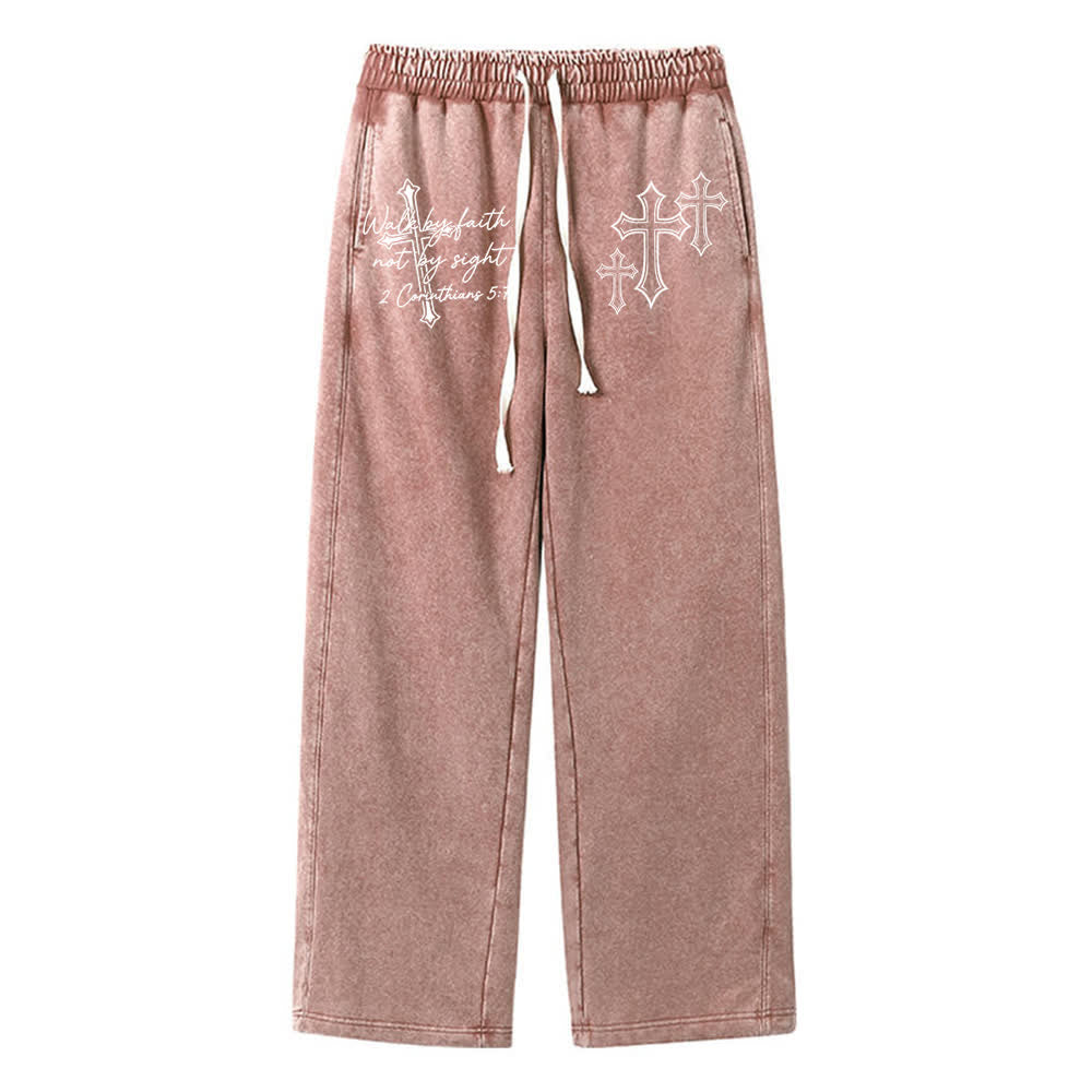 Christianartworkshop Scripture Walk By Faith Ornate Cross Statement Washed Sweatpants - Brown - XL - image 9