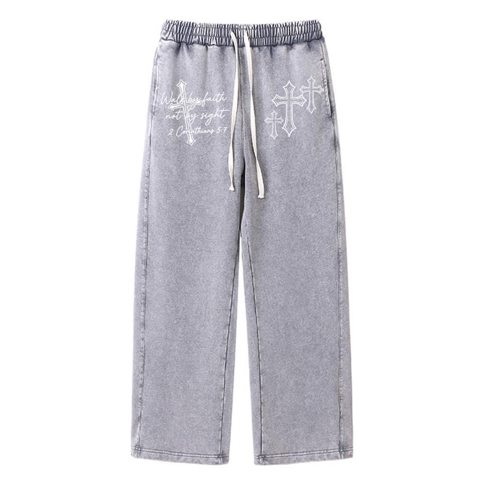 Christianartworkshop Scripture Walk By Faith Ornate Cross Statement Washed Sweatpants - Grey - XL - image 3
