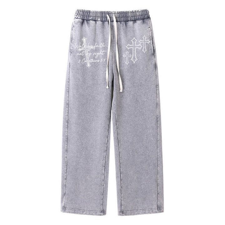 Christianartworkshop Scripture Walk By Faith Ornate Cross Statement Washed Sweatpants - Grey - XL - image 3