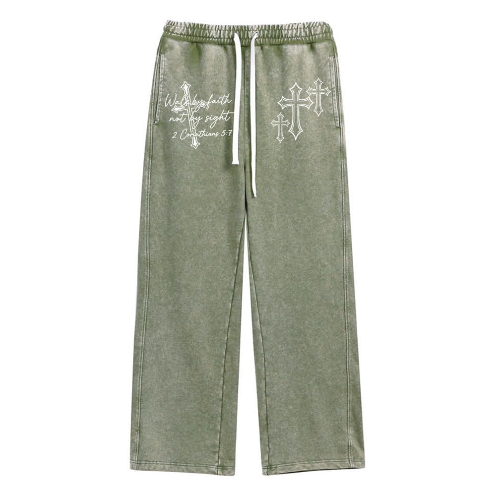 Christianartworkshop Scripture Walk By Faith Ornate Cross Statement Washed Sweatpants - Army Green - XL - image 6