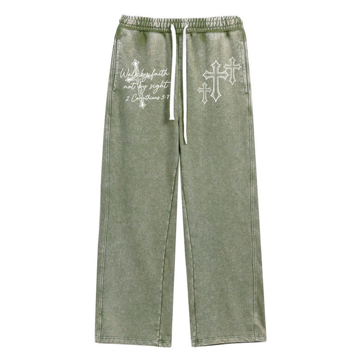 Christianartworkshop Scripture Walk By Faith Ornate Cross Statement Washed Sweatpants - Army Green - XL - image 6