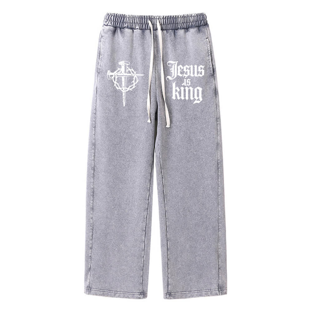 Christianartworkshop Gothic Nail Cross Jesus Is King Statement Washed Sweatpants - Grey - XL - image 3