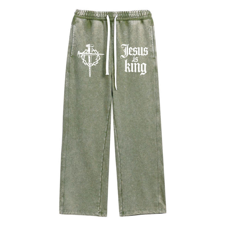 Christianartworkshop Gothic Nail Cross Jesus Is King Statement Washed Sweatpants - Army Green - XL - image 6