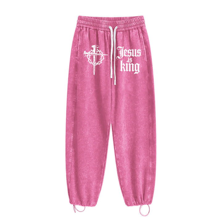Christianartworkshop Gothic Nail Cross Jesus Is King Statement Washed Sweatpants - image 13