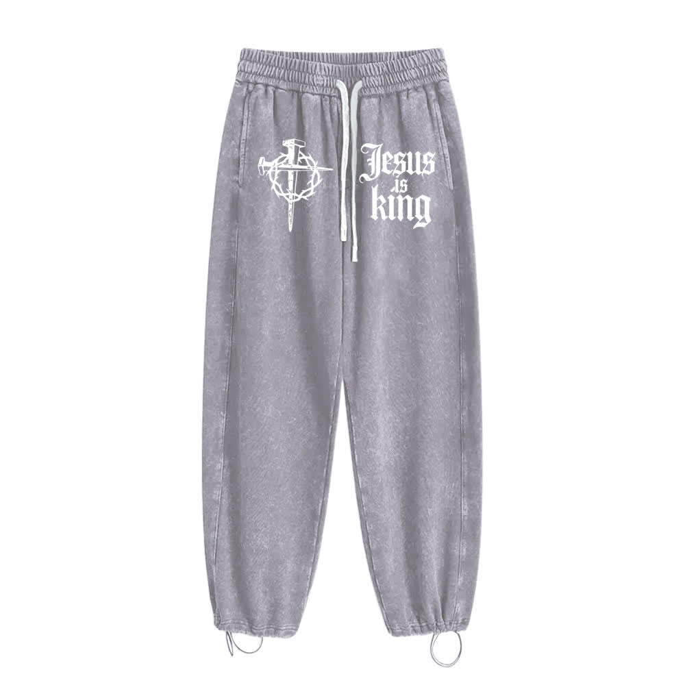 Christianartworkshop Gothic Nail Cross Jesus Is King Statement Washed Sweatpants - image 4