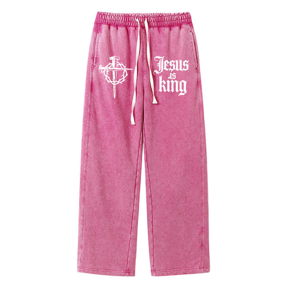 Christianartworkshop Gothic Nail Cross Jesus Is King Statement Washed Sweatpants - Rose - XL - image 12