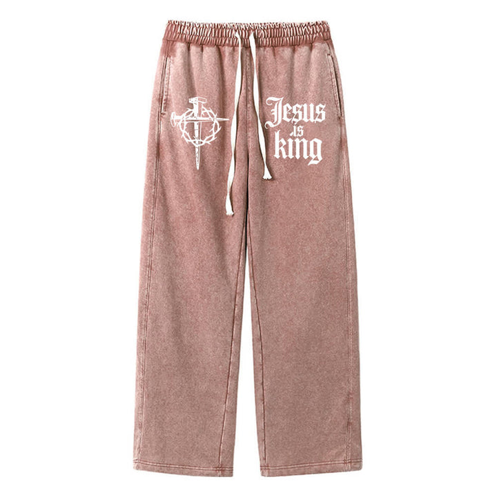 Christianartworkshop Gothic Nail Cross Jesus Is King Statement Washed Sweatpants - Brown - XL - image 9
