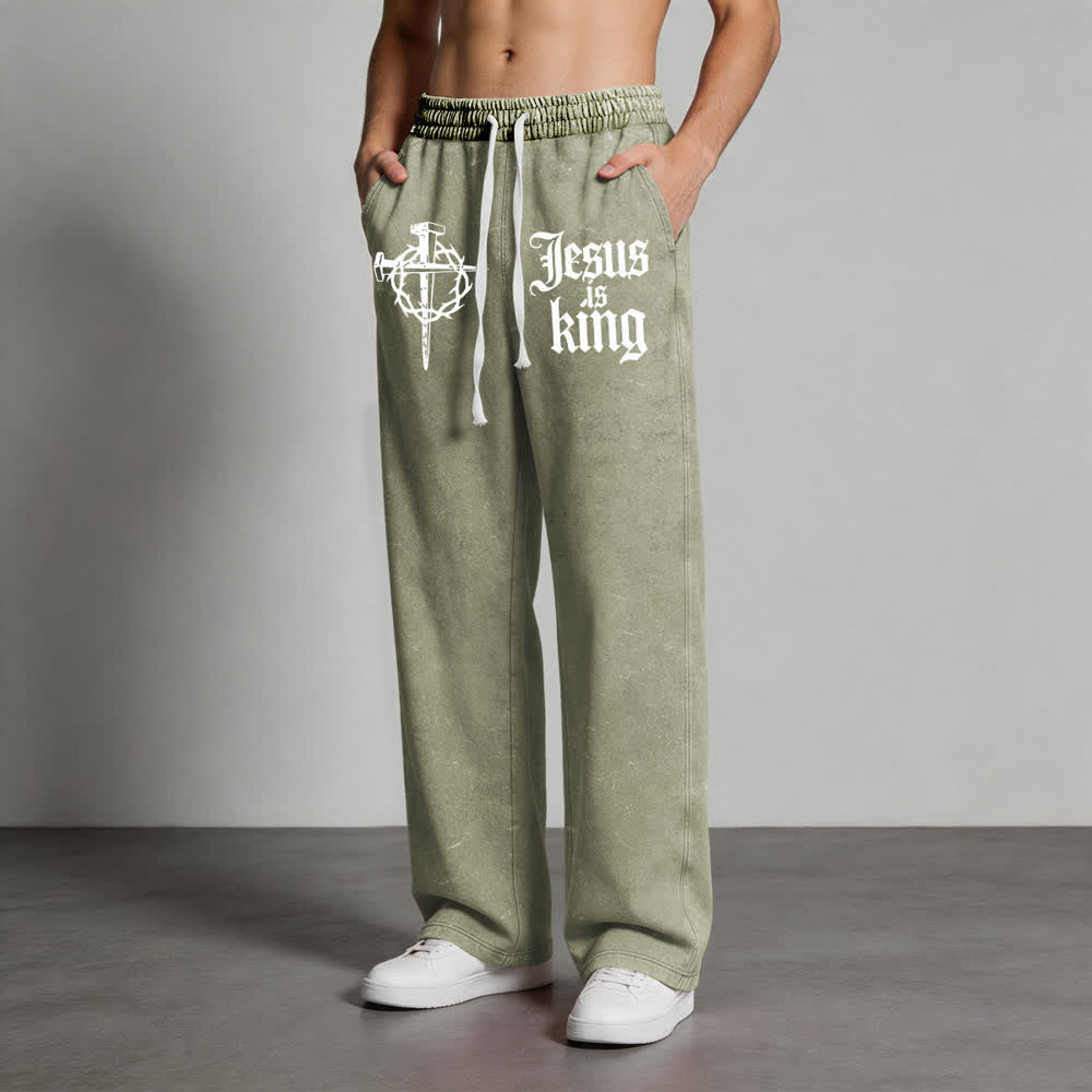 Christianartworkshop Gothic Nail Cross Jesus Is King Statement Washed Sweatpants - image 8