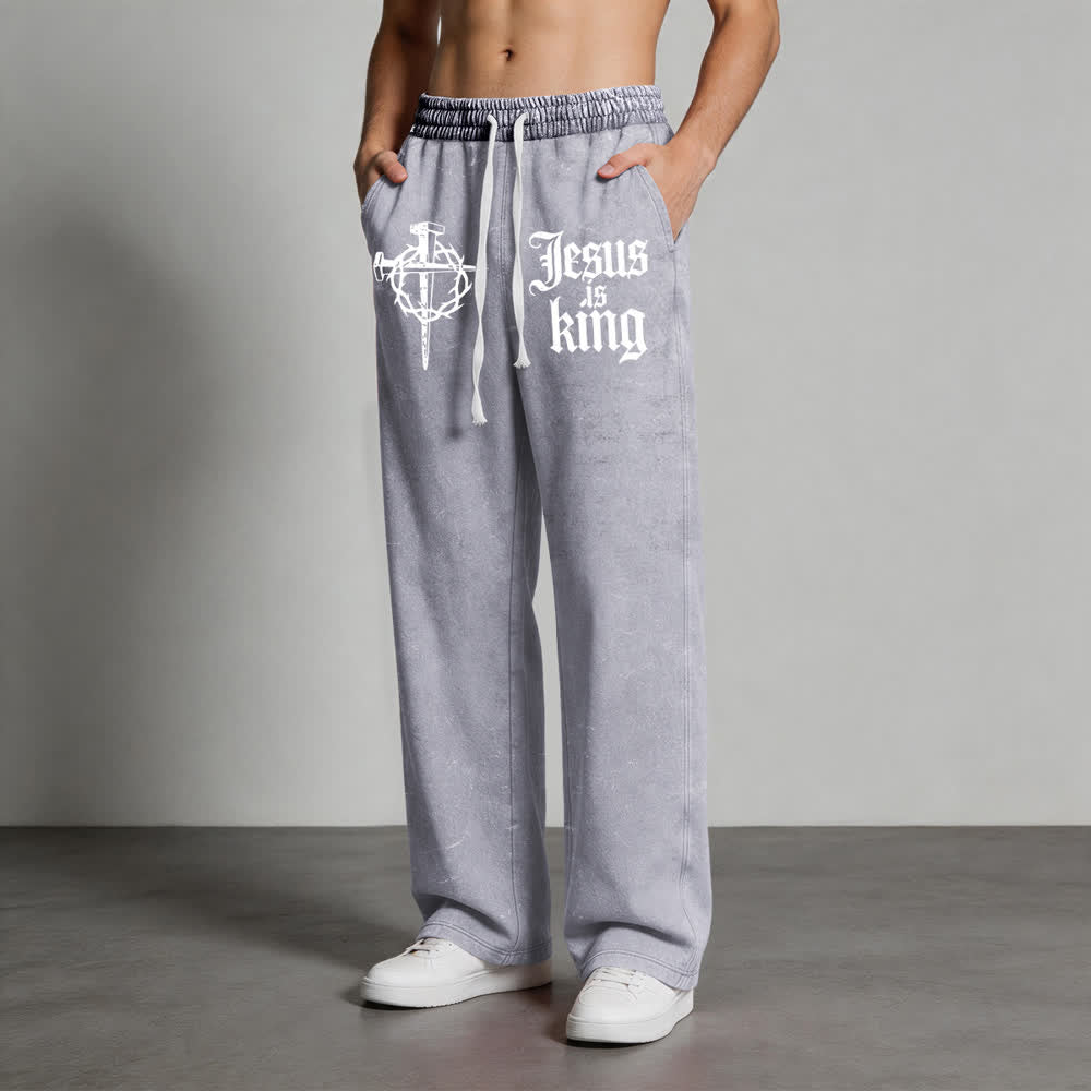 Christianartworkshop Gothic Nail Cross Jesus Is King Statement Washed Sweatpants - image 5