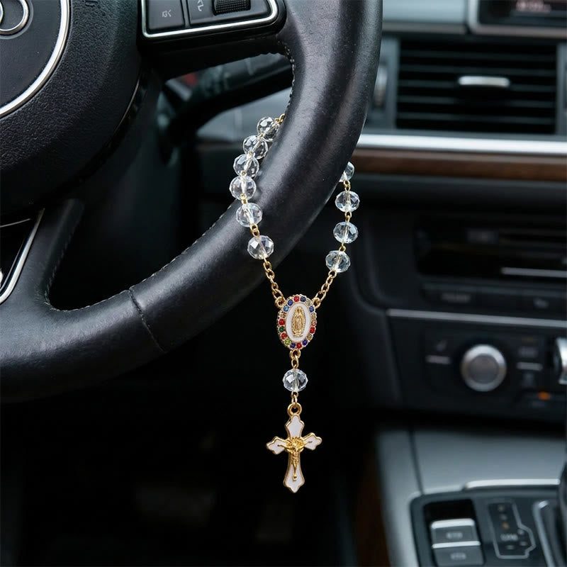 Christianartworkshop Elegant Enamel Medallion Crucifix Car Rosary: Emblem of Peace‑Filled Sacred Comfort - White - image 8