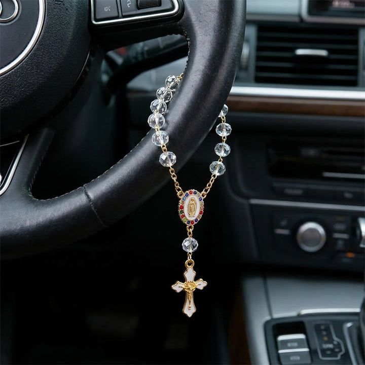 Christianartworkshop Elegant Enamel Medallion Crucifix Car Rosary: Emblem of Peace‑Filled Sacred Comfort - White - image 8