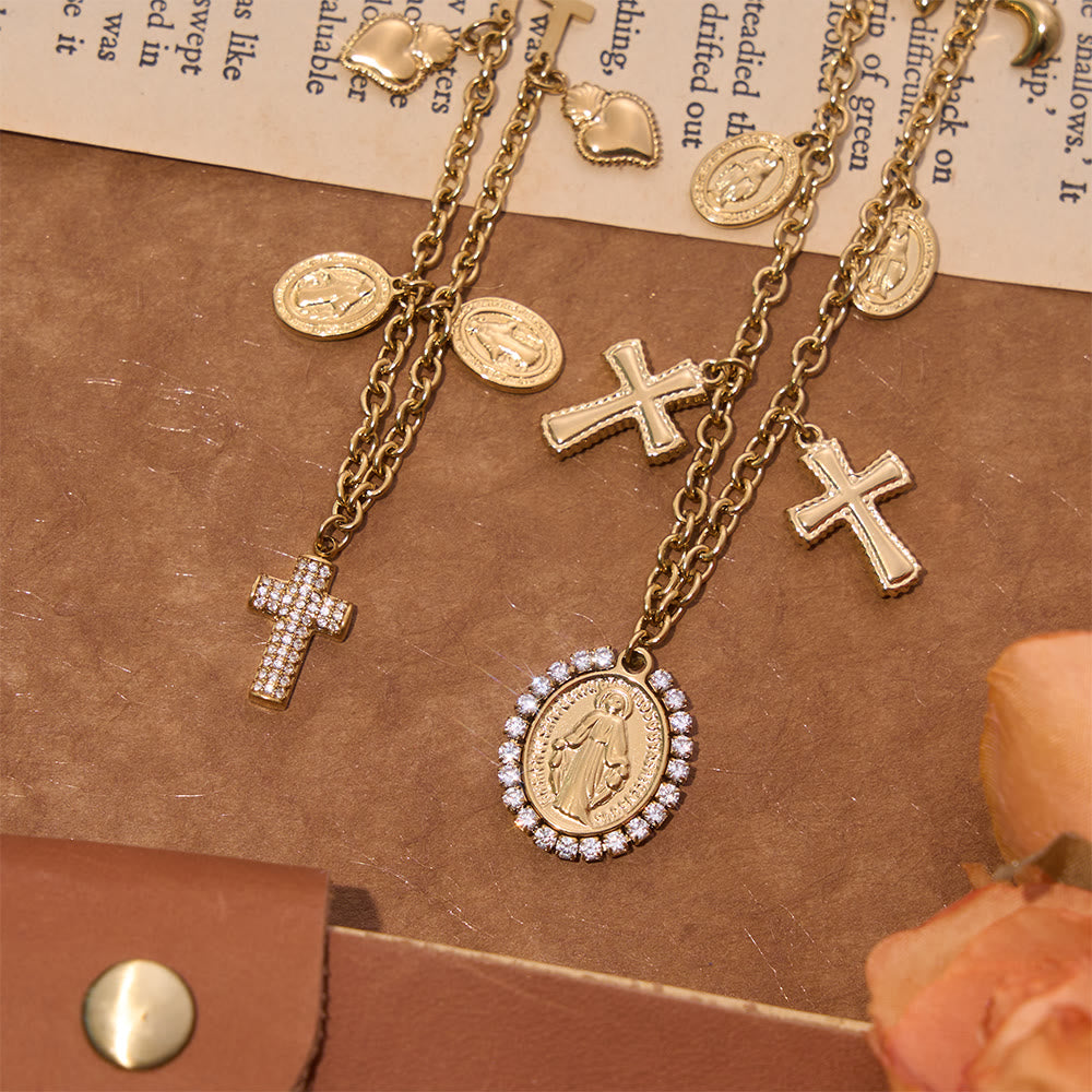 Christianartworkshop Vintage Mary & Cross Charm Choker Necklace: Emblem of Soft Sacred Radiance - image 1