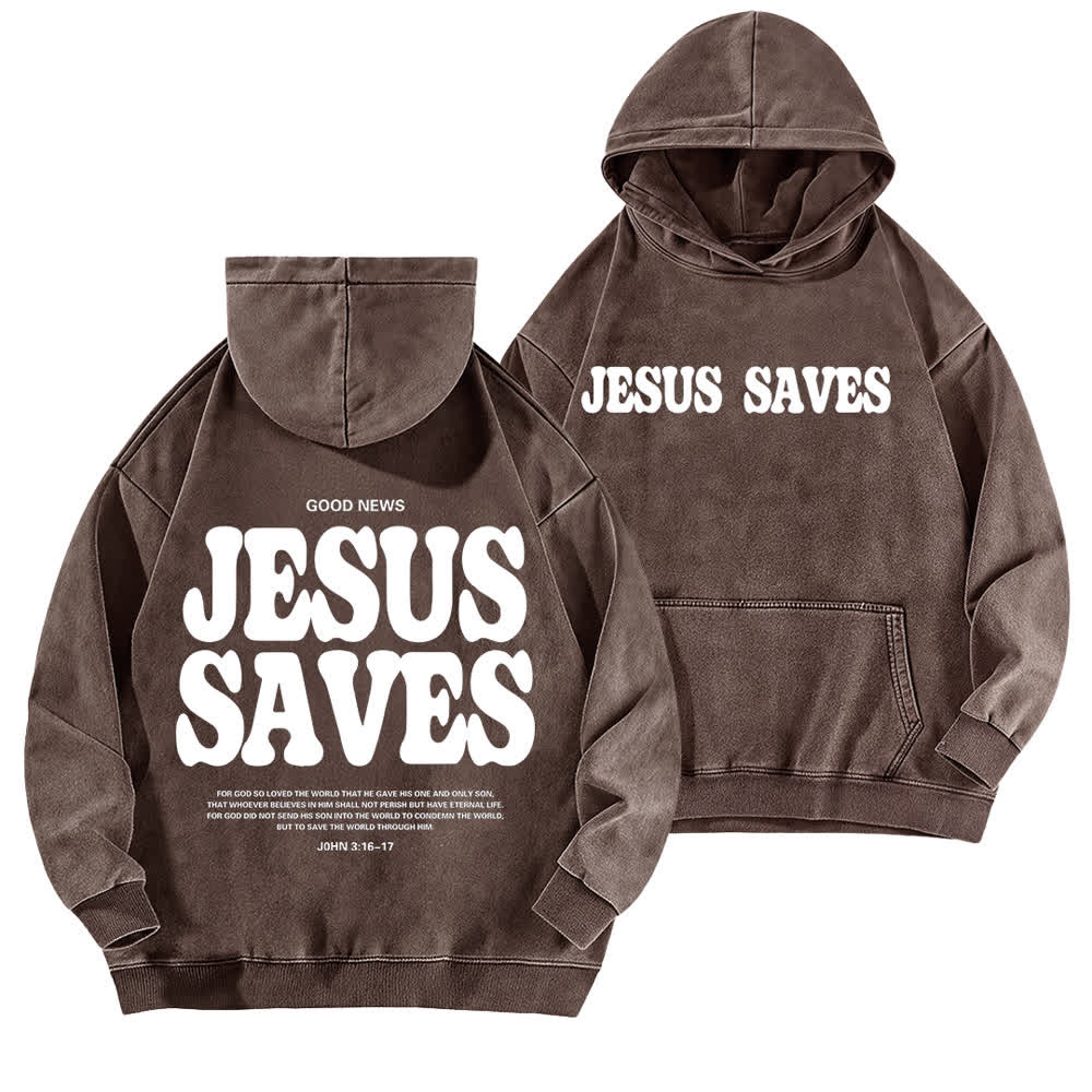 Christianartworkshop Jesus Saves Good News Front And Back Washed Hoodie - Brown - 5XL - image 9