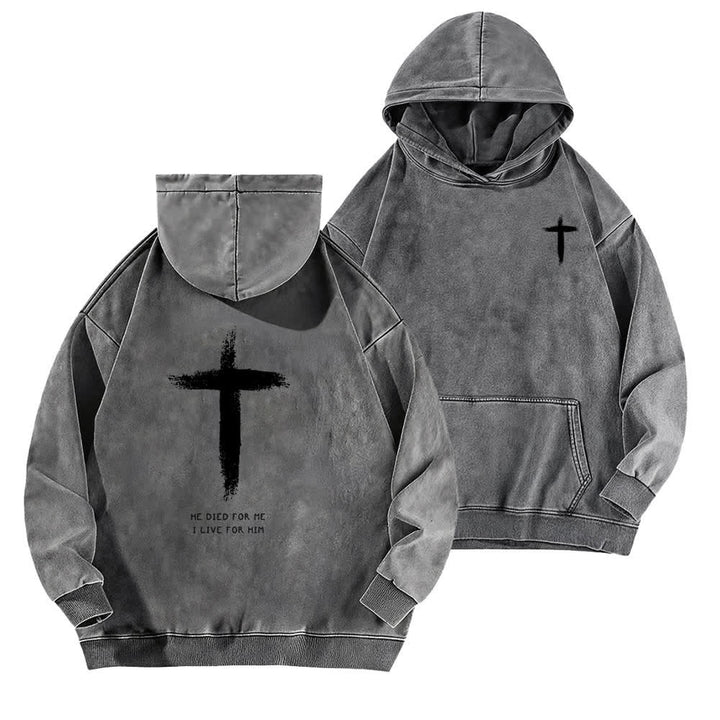 Christianartworkshop He Died For Me Cross Back Print Washed Hoodie - Grey - 5XL - image 6
