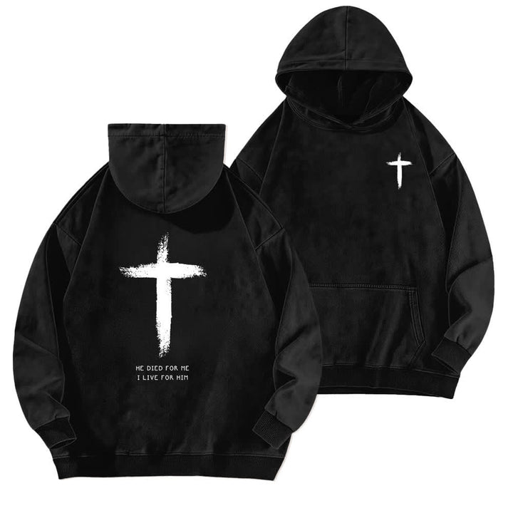 Christianartworkshop He Died For Me Cross Back Print Washed Hoodie - Black - 5XL - image 3